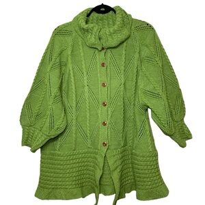C.O.Z.Y Green Knit Sweater Ballon Sleeve Button Front Sz M (Real L-XL) Granola